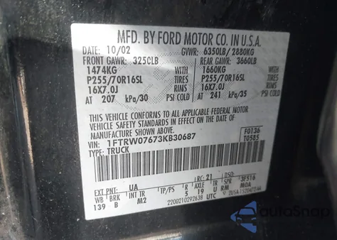 2003 Ford F-150 Lariat/Xlt z USA, uszkodzony, nr VIN 1FTRW07673KB30687